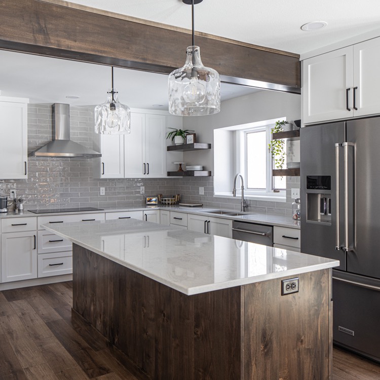 White and wood tones highlight this kitchen redesign in Fargo, ND.